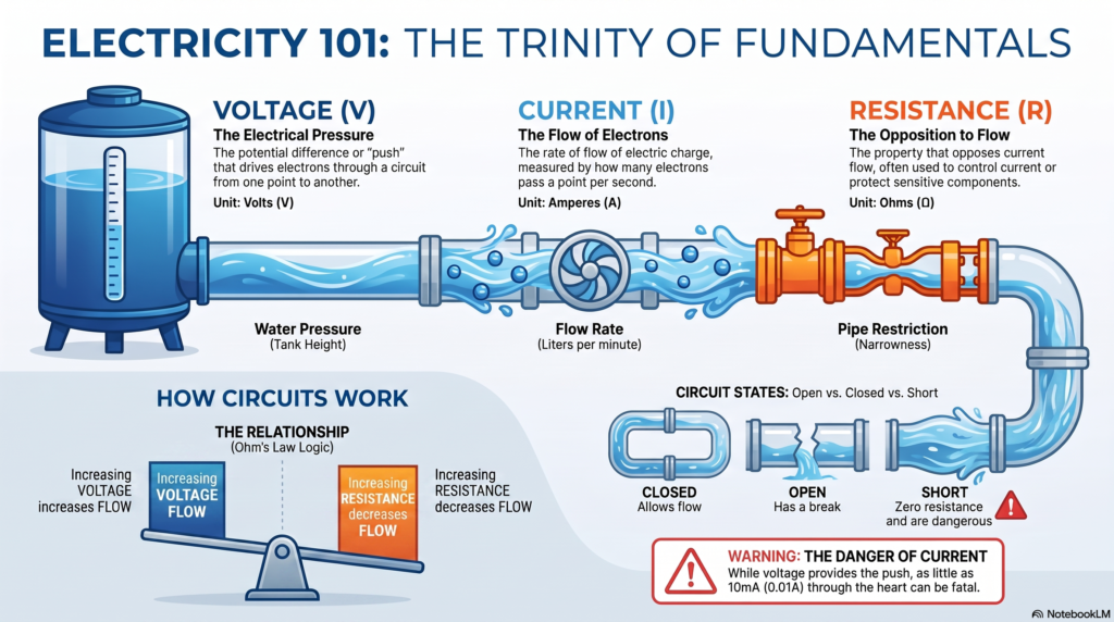 Infographic explaining the fundamentals of electricity using the water analogy, showing voltage (electrical pressure), current (flow of electrons), resistance (opposition to flow), Ohm's Law relationship, and open, closed, and short circuits.
