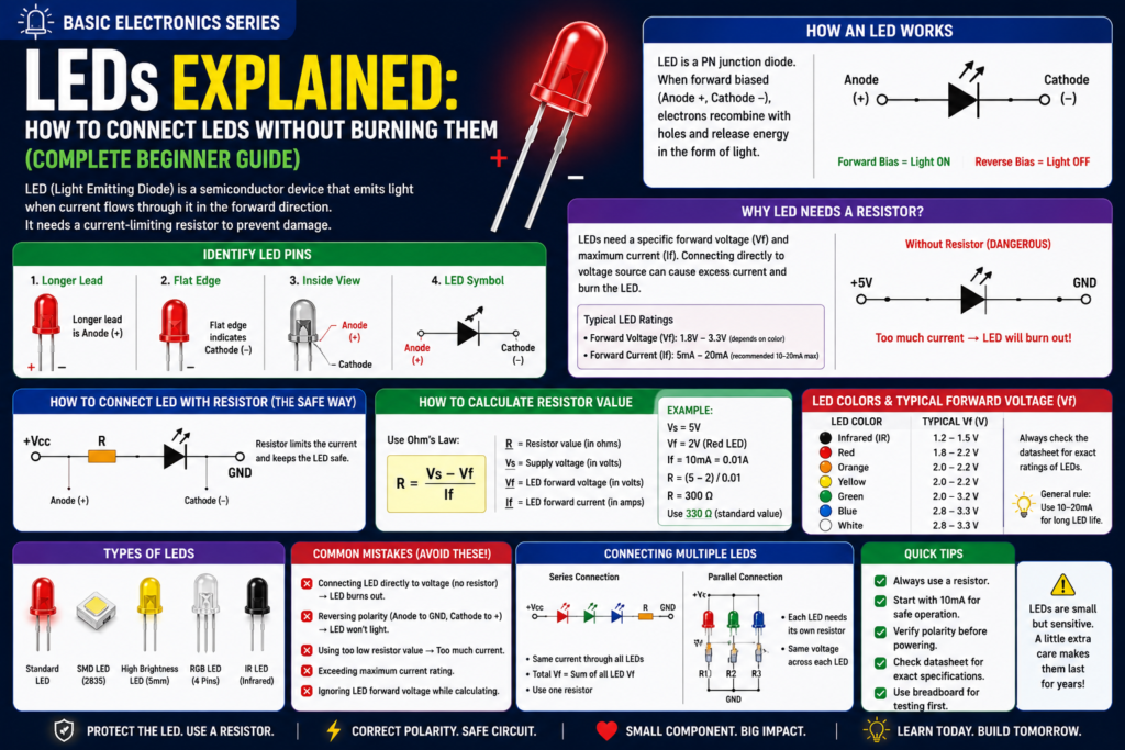 LEDs Explained How to Connect LEDs Without Burning Them (Complete Beginner Guide)
