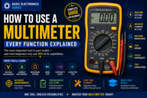 Digital multimeter measuring voltage on an electronics circuit