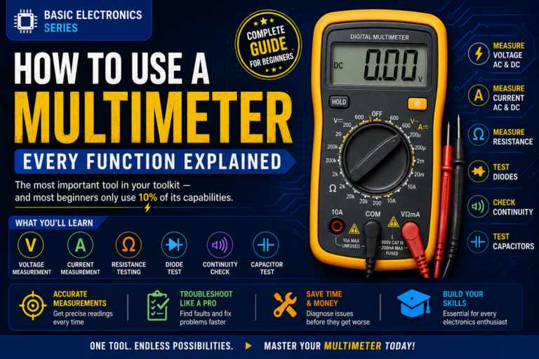 Digital multimeter measuring voltage on an electronics circuit
