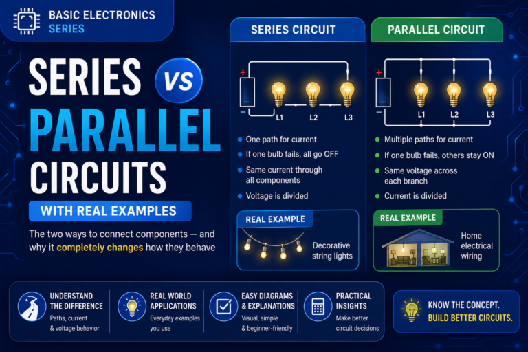 Illustration comparing series and parallel circuits showing current flow, voltage distribution, and resistor connections.