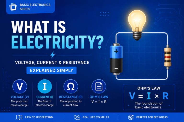 Illustration explaining electricity, voltage, current and resistance with a simple circuit diagram